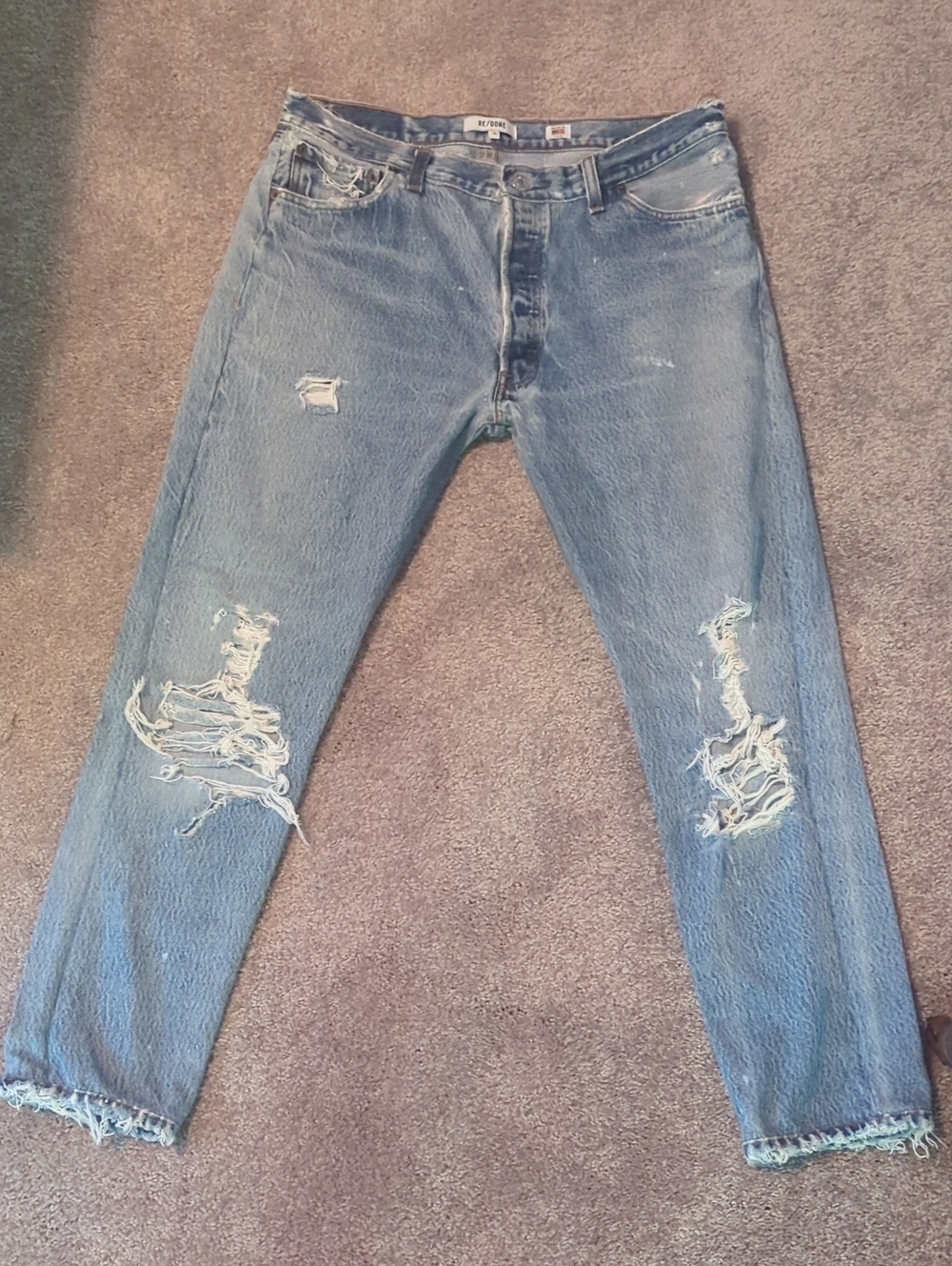 Re/Done Faded Blue Distressed Slim-Straight Jeans